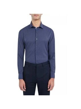 WRK Men's Size 17.5 Long Sleeve Button-Up Shirt Navy Blue Geometric Print P0167